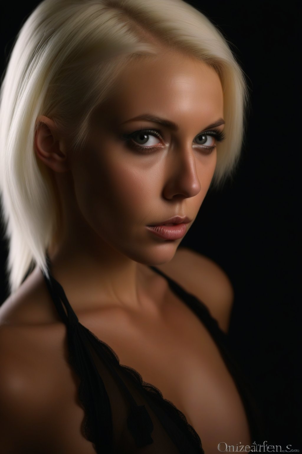 1girl, platinum blonde, sexy, microbikini, dark background, chiaroscuro, moody light, 
studio portrait by Suze Randall, Hasselblad 500c, masterpiece, 