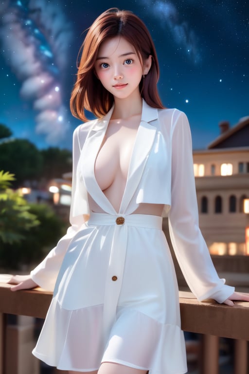 masterpiece, best quality, 1 girl, solo, ((an extremely delicate and beautiful)),school uniform, italian girl ,age 18, milky white skin,beautiful detailed eyes, at night , beautiful starry sky,Provocative,Fashionista ,Wonder of Art and Beauty,NDP