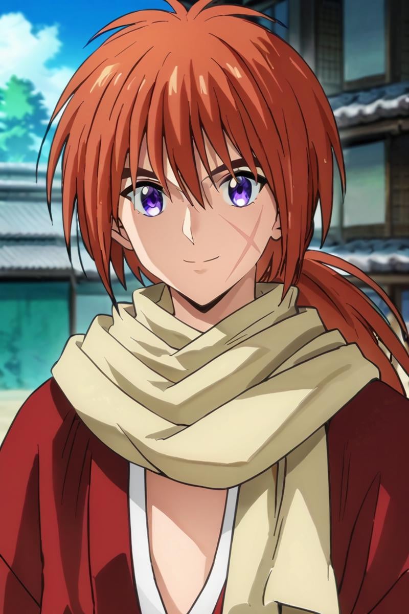 score_9,score_8_up,score_7_up,source_anime,1boy, solo,looking at viewer,upper body, Himura Kenshin,red hair, purple eyes, scar on face,ponytail,long hair, scarf, outdoors, japanese clothes, smile<lora:EMS-397200-EMS:1.000000>