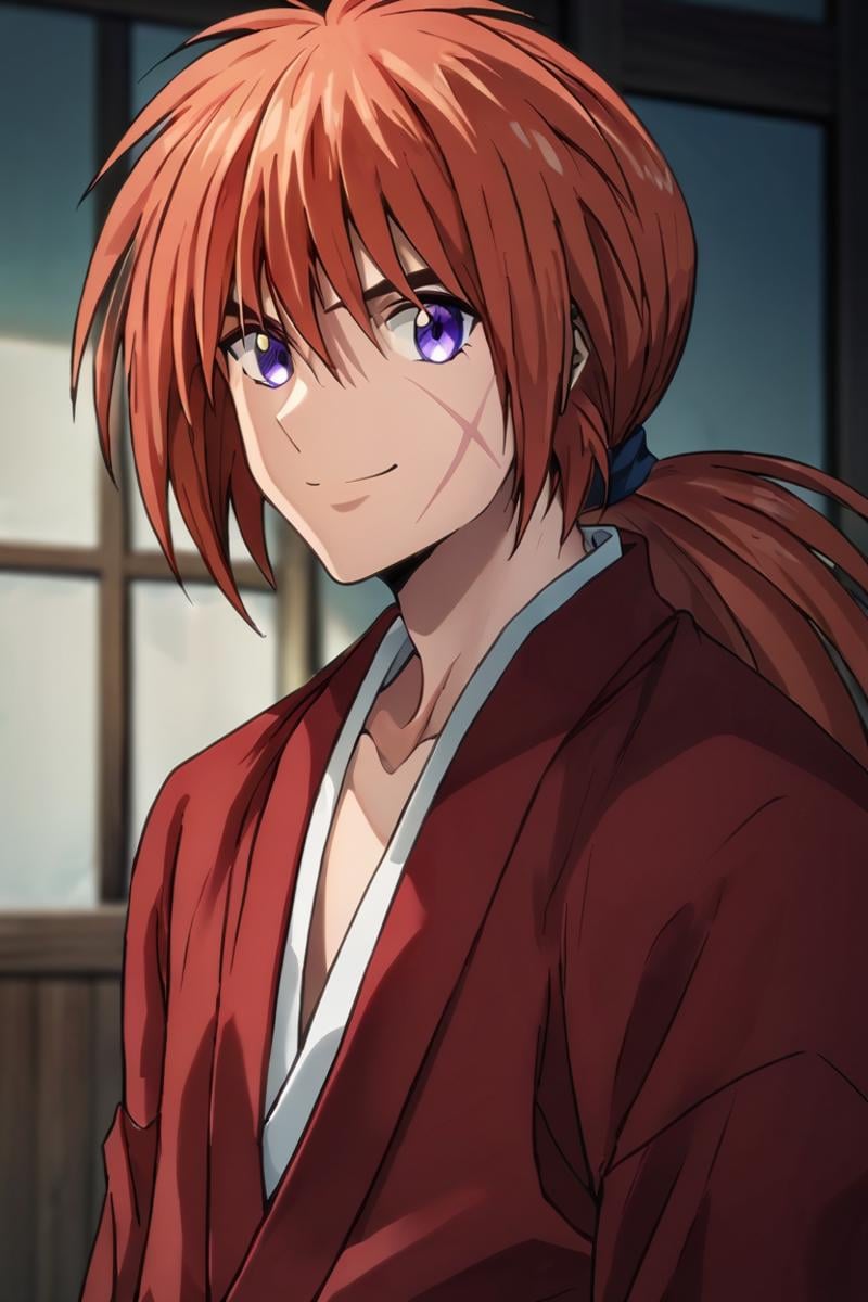 score_9,score_8_up,score_7_up,1boy, solo,Himura Kenshin,red hair, purple eyes, scar on face,ponytail,long hair, smile<lora:EMS-397200-EMS:1.000000>