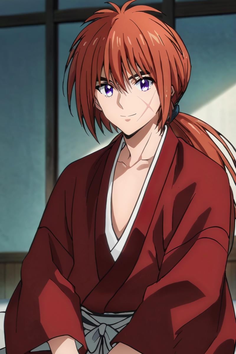 score_9,score_8_up,score_7_up,source_anime,1boy, solo,looking at viewer,upper body, Himura Kenshin,red hair, purple eyes, scar on face,ponytail,long hair, indoors, japanese clothes, smile, sitting<lora:EMS-397200-EMS:1.000000>