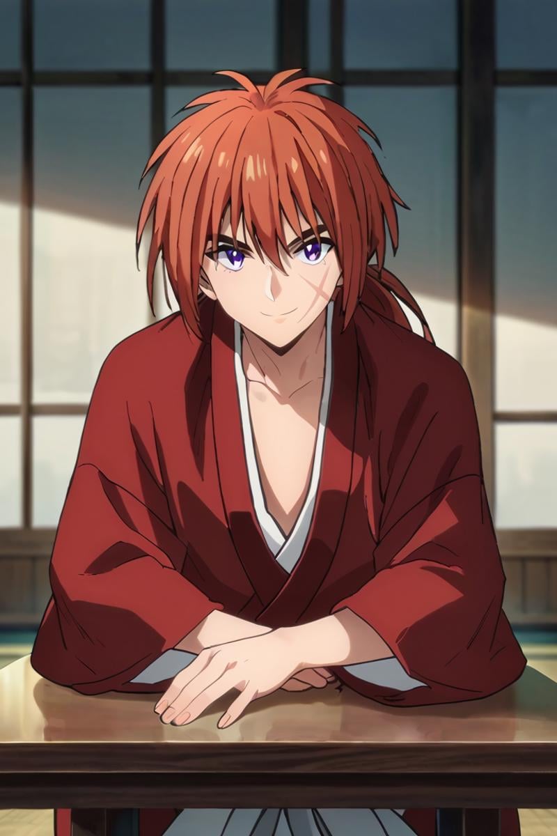 score_9,score_8_up,score_7_up,source_anime,1boy, solo,looking at viewer,Himura Kenshin,red hair, purple eyes, scar on face,ponytail,long hair, smile, japanese clothes, indoors, kneel down, table, japanese<lora:EMS-397200-EMS:0.800000>