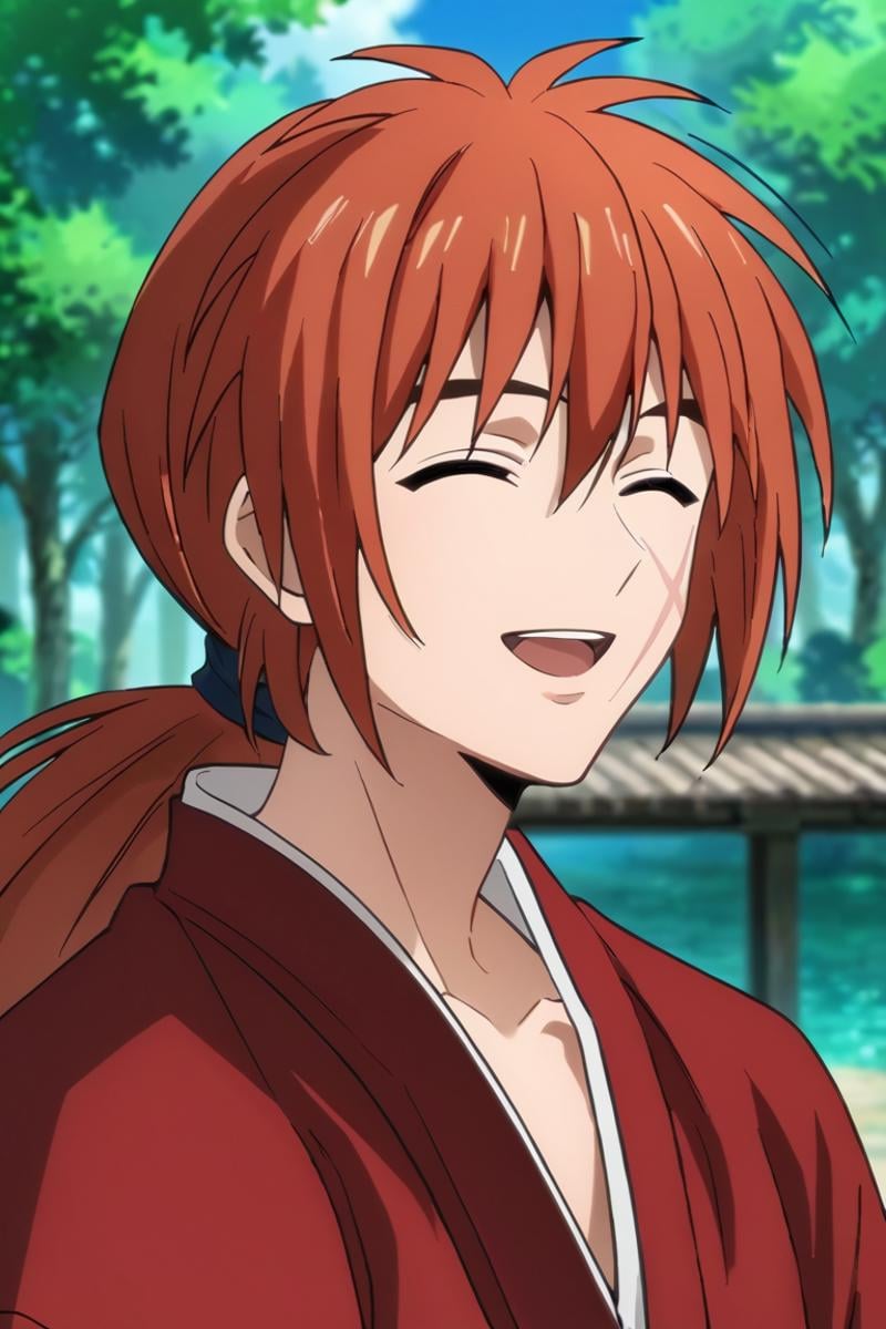 score_9,score_8_up,score_7_up,source_anime,1boy, solo,looking at viewer,Himura Kenshin,red hair, purple eyes, scar on face,ponytail,long hair, smile, outdoors, japanese clothes, upper body, smile, closed_eyes, open mouth<lora:EMS-397200-EMS:0.800000>