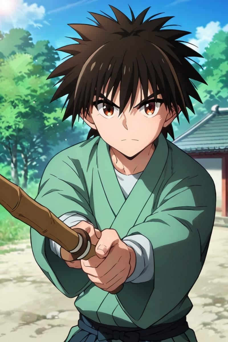 score_9,score_8_up,score_7_up,source_anime,1boy, solo,looking at viewer, outdoors, day, Myojin Yahiko, black hair, brown eyes, spiked hair, japanese_clothes,shinai, holding shinai,upper body, fighting pose, weapon<lora:EMS-397784-EMS:0.800000>