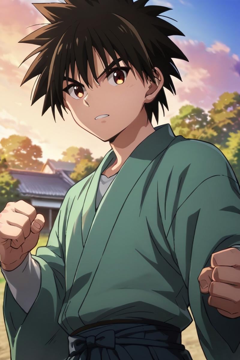 score_9,score_8_up,score_7_up,source_anime,1boy, solo,looking at viewer, outdoors, day, Myojin Yahiko, black hair, brown eyes, spiked hair, japanese_clothes,shinai, holding shinai,upper body, fighting pose<lora:EMS-397784-EMS:0.800000>