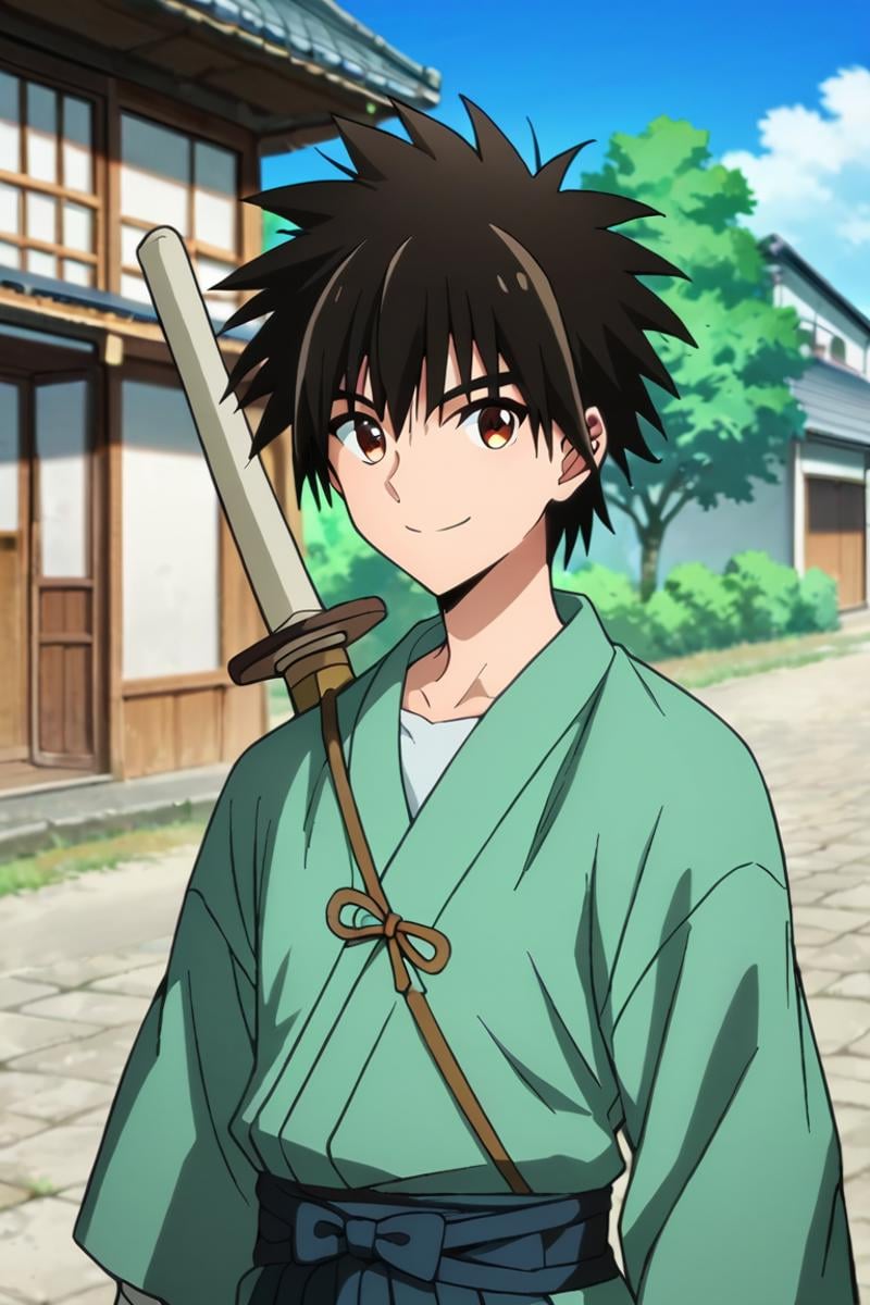 score_9,score_8_up,score_7_up,source_anime,1boy, solo,looking at viewer, outdoors, day, Myojin Yahiko, black hair, brown eyes, spiked hair, japanese_clothes, japanese, street, shinai on back,shinai, standing, upper body, smile, weapon, sword, weapon on back<lora:EMS-397784-EMS:0.800000>