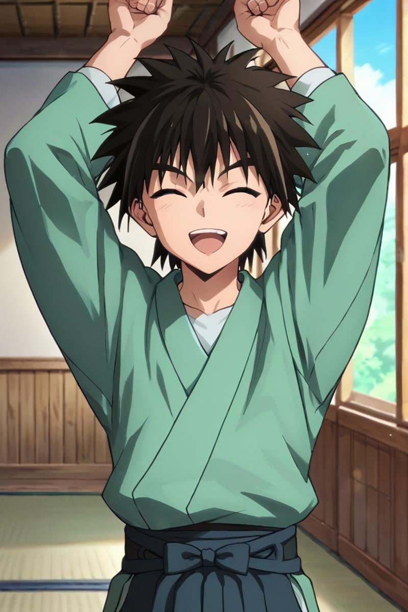 score_9,score_8_up,score_7_up,source_anime,1boy, solo,looking at viewer, indoors, day, Myojin Yahiko, black hair, brown eyes, spiked hair, japanese_clothes, japanese, arms up, closed eyes, open mouth, smile<lora:EMS-397784-EMS:0.800000>