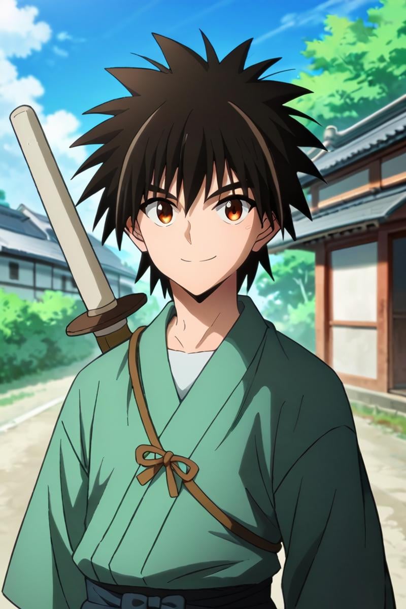 score_9,score_8_up,score_7_up,source_anime,1boy, solo,looking at viewer, outdoors, day, Myojin Yahiko, black hair, brown eyes, spiked hair, japanese_clothes, japanese, street, shinai on back,shinai, standing, upper body, smile, weapon, sword, weapon on back<lora:EMS-397784-EMS:0.800000>