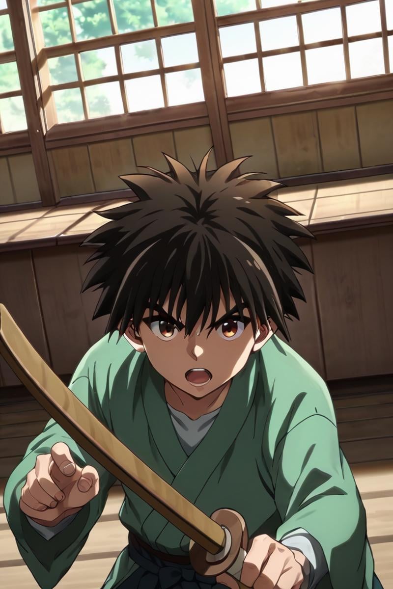 score_9,score_8_up,score_7_up,source_anime,1boy, solo,looking at viewer, indoors, day, Myojin Yahiko, black hair, brown eyes, spiked hair, japanese_clothes, japanese,holding weapon, weapon, fighting pose, fighting_stance, wooden sword, holding wooden sword, open mouth<lora:EMS-397784-EMS:0.800000>
