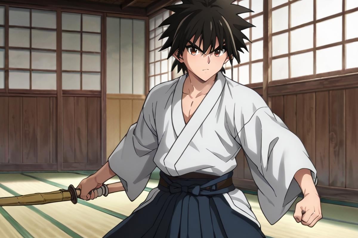 score_9,score_8_up,score_7_up,source_anime,1boy, solo,looking at viewer, indoors, day, Myojin Yahiko, black hair, brown eyes, spiked hair, japanese_clothes, japanese, dougi,armor, holding weapon, shinai, weapon, fighting pose, fighting_stance, white, kimono<lora:EMS-397784-EMS:0.800000>