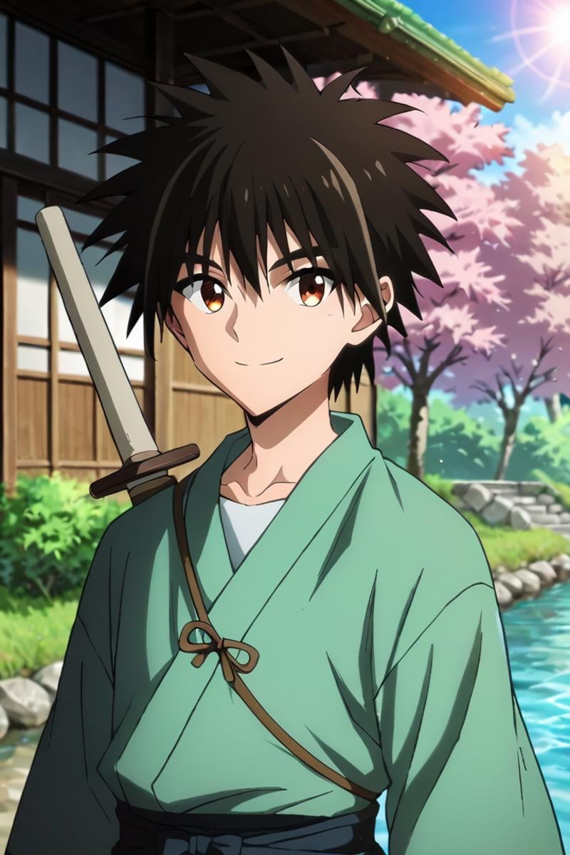 score_9,score_8_up,score_7_up,source_anime,1boy, solo,looking at viewer, outdoors, day, Myojin Yahiko, black hair, brown eyes, spiked hair, japanese_clothes, japanese, Cherry tree, Cherry blossoms, light rays, day, sun, river, garden, upper body, shinai on back,shinai, weapon, sword, weapon on back, smile<lora:EMS-397784-EMS:0.800000>