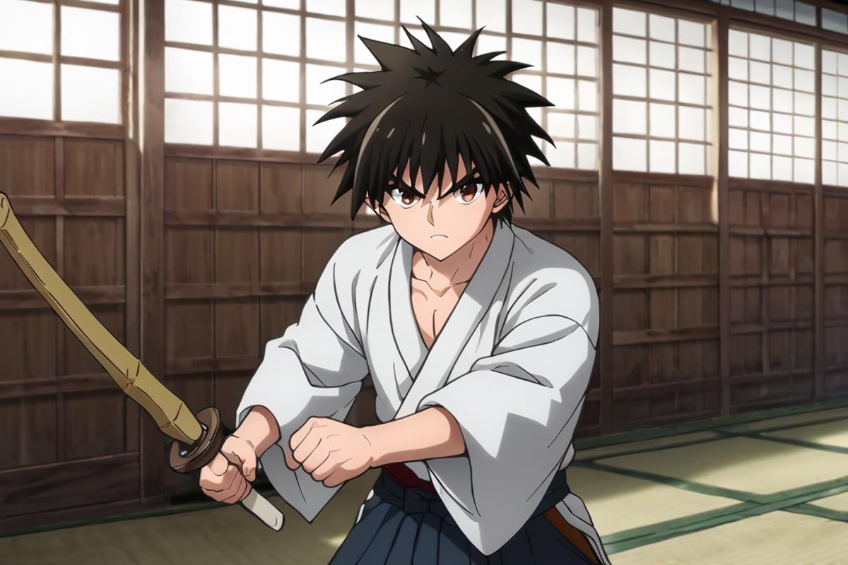 score_9,score_8_up,score_7_up,source_anime,1boy, solo,looking at viewer, indoors, day, Myojin Yahiko, black hair, brown eyes, spiked hair, japanese_clothes, japanese, dougi,armor, holding weapon, shinai, weapon, fighting pose, fighting_stance, white, kimono<lora:EMS-397784-EMS:0.800000>