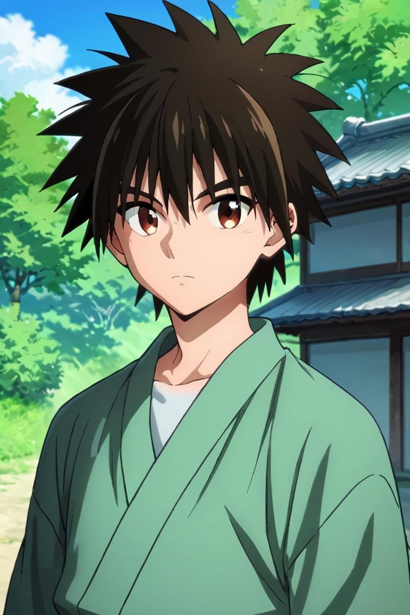 score_9,score_8_up,score_7_up,source_anime,1boy, solo,looking at viewer, outdoors, day, Myojin Yahiko, black hair, brown eyes, spiked hair, japanese_clothes,shinai, shinai on back,upper body<lora:EMS-397784-EMS:0.800000>