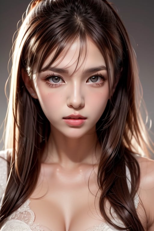 1girl
solo
brown hair
closed mouth
grey background
collar
lips
realistic ,beauty,masterpiece,best quality,1girl,lling ,bamby,abg
