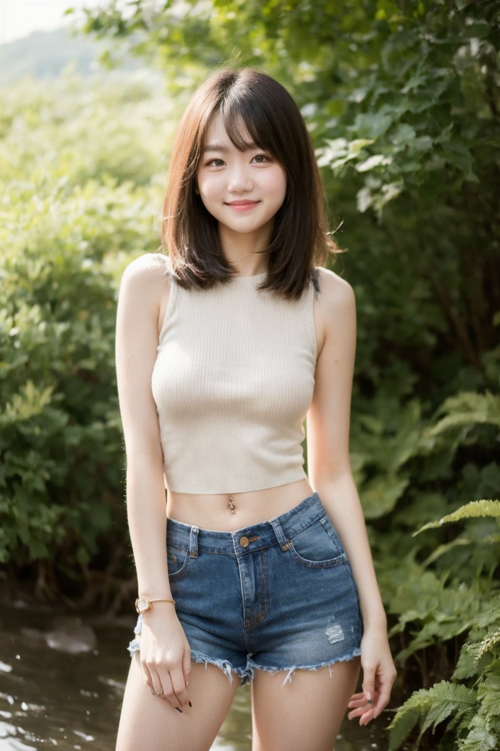 portrait of icez, 20 years old, petite body shape, sleeveless sweater, navel, shorts, short brown hair with bangs, nature background, smile 