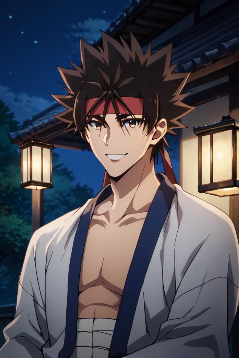 score_9,score_8_up,score_7_up,source_anime,1boy, solo,looking at viewer, outdoors, japanese,Sagara Sanosuke,brown hair, brown eyes,headband,spiked hair, dougi,sarashi, sitting, smile, upper body, close-up, night, lantern<lora:EMS-398284-EMS:0.800000>