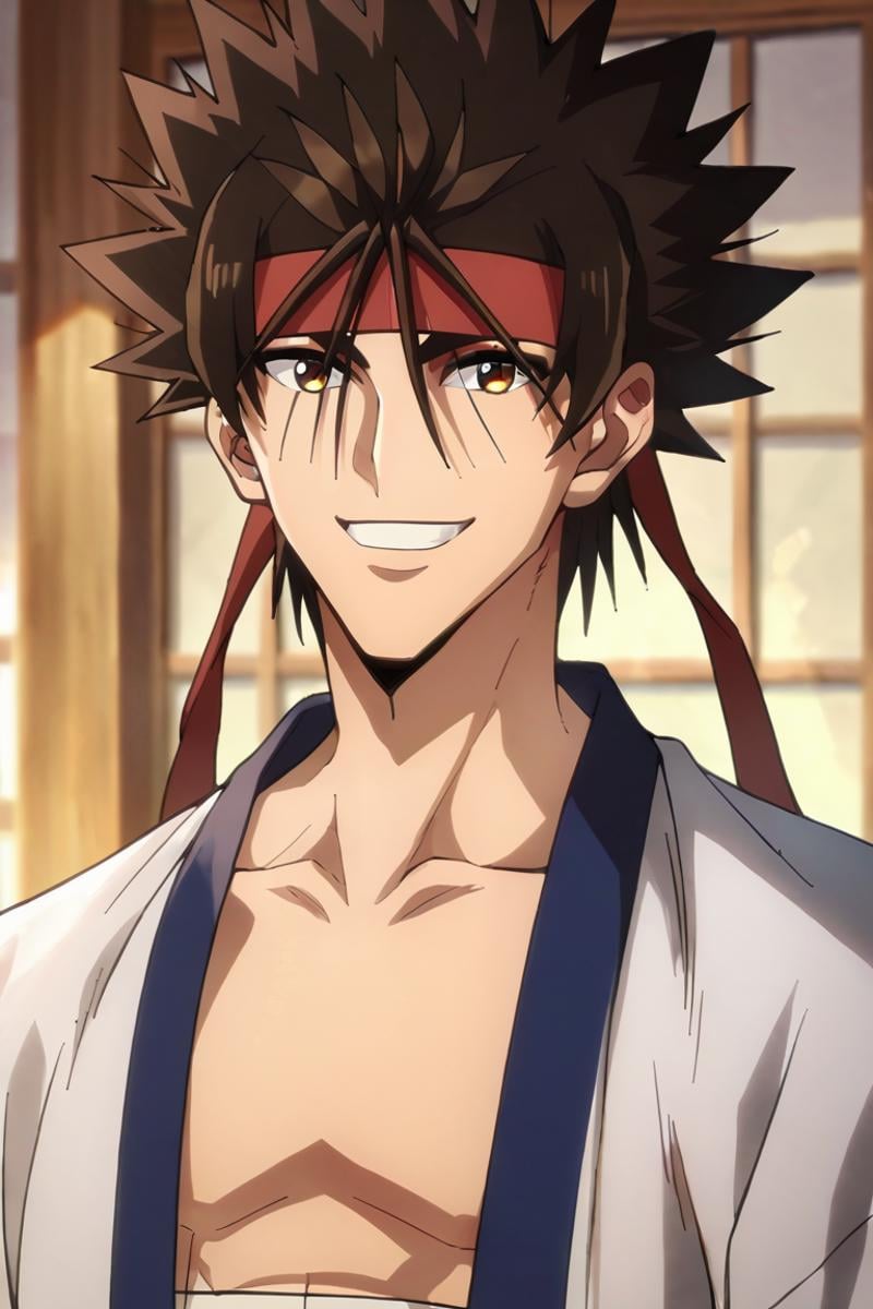 score_9,score_8_up,score_7_up,source_anime,1boy, solo,looking at viewer, japanese,Sagara Sanosuke,brown hair, brown eyes,headband,spiked hair, dougi,sarashi, smile, upper body, close-up<lora:EMS-398284-EMS:1.000000>