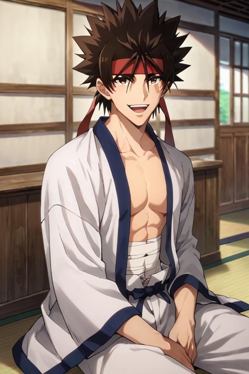 score_9,score_8_up,score_7_up,source_anime,1boy, solo,looking at viewer, indoors, japanese,Sagara Sanosuke,brown hair, brown eyes,headband,spiked hair, dougi,sarashi, sitting, smile, open mouth<lora:EMS-398284-EMS:0.800000>