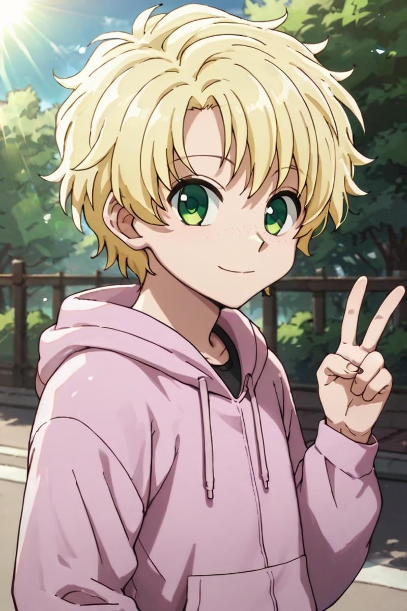 score_9,score_8_up,score_7_up,source_anime,1boy, solo,looking at viewer, list,blonde hair,green eyes,freckles,outdoors, hoodie, v sun,day,light rays<lora:EMS-398599-EMS:0.800000>