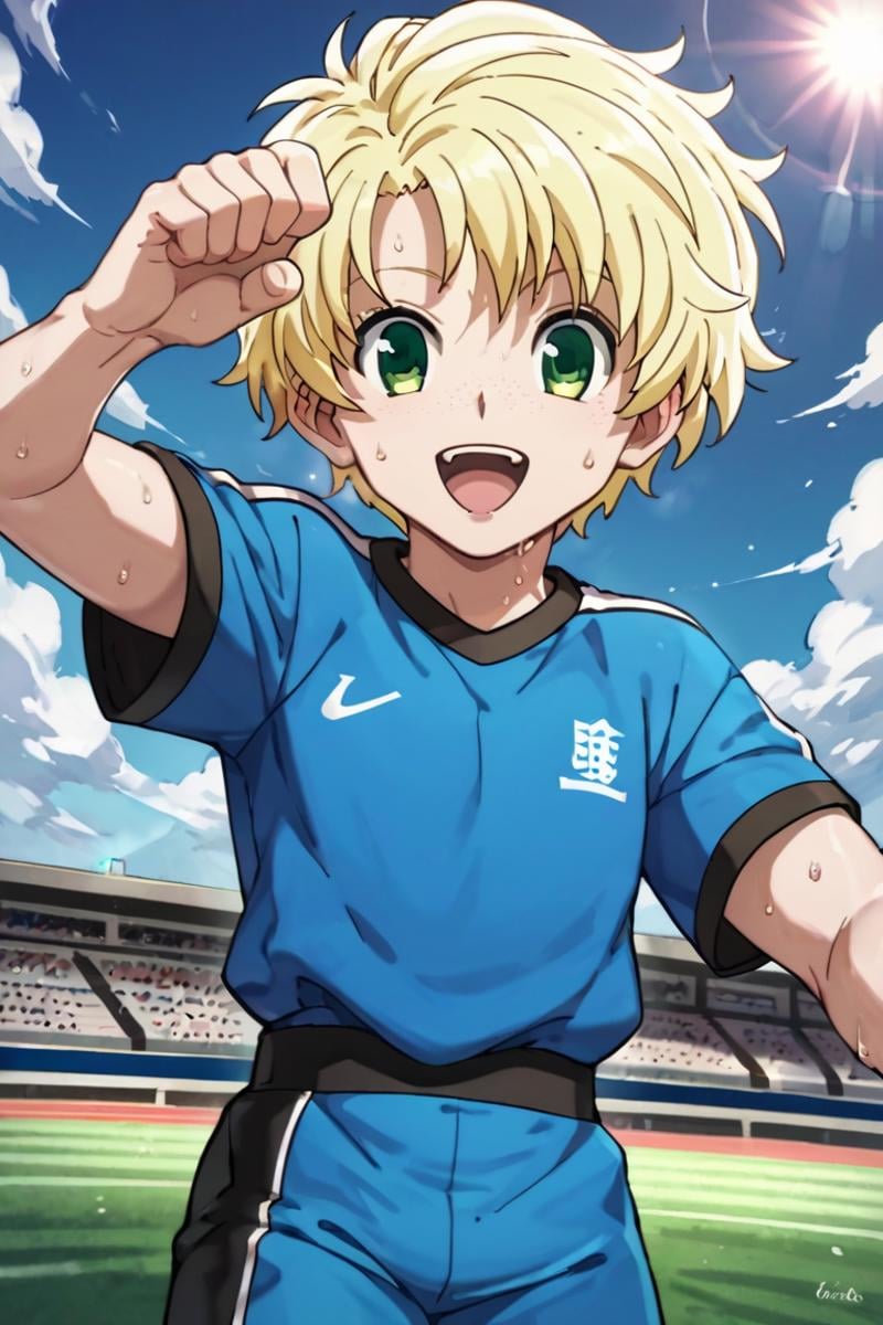 score_9,score_8_up,score_7_up,source_anime,1boy, solo,looking at viewer, list,blonde hair,green eyes,freckles,outdoors, football field, day, sun, light rays, sweat, sportswear, open mouth, kicking football, football<lora:EMS-398599-EMS:0.800000>