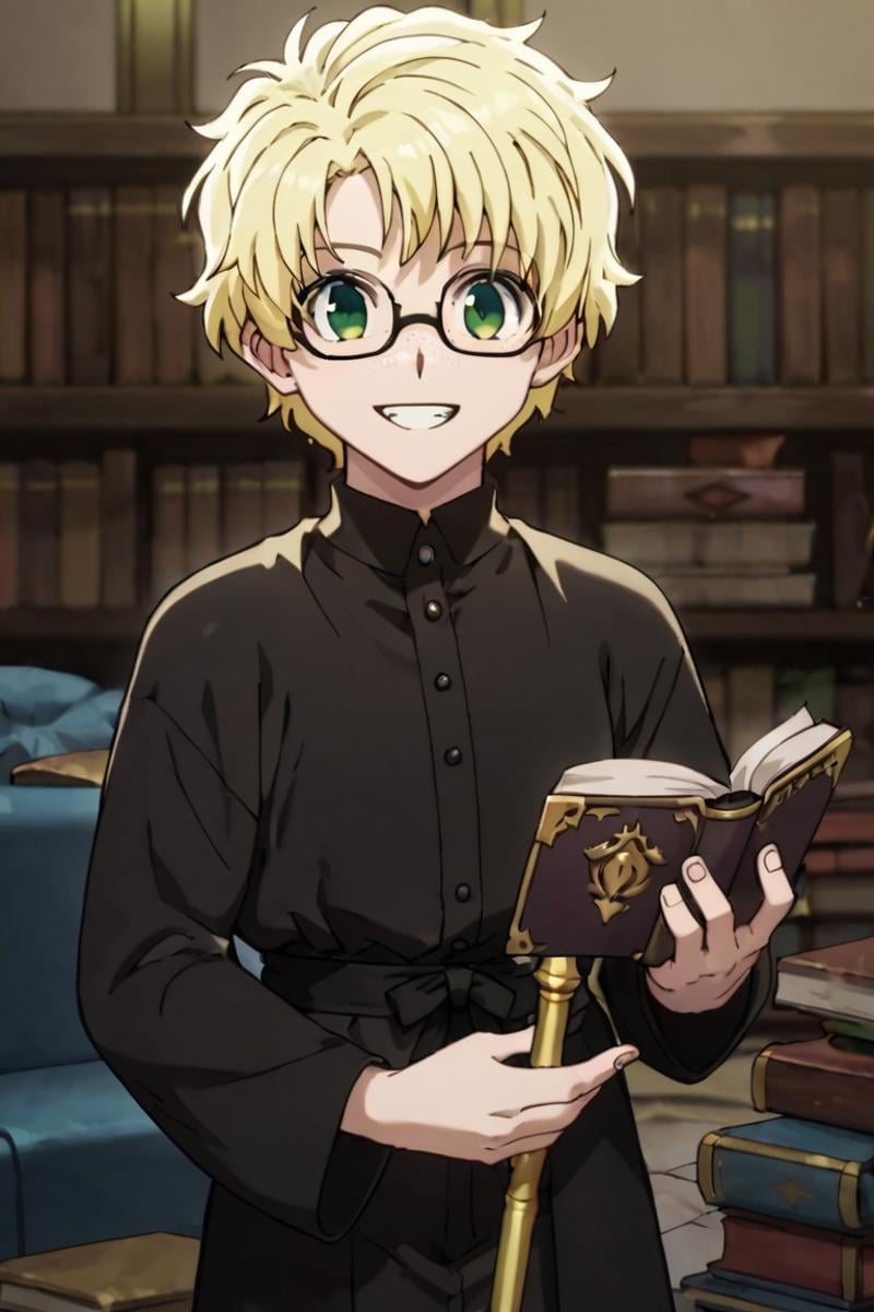 score_9,score_8_up,score_7_up,source_anime,1boy, solo,looking at viewer, list,blonde hair,green eyes,freckles,indoors, black Wizard Robe, glasses, grin, holding staff, book, flying book<lora:EMS-398599-EMS:0.800000>