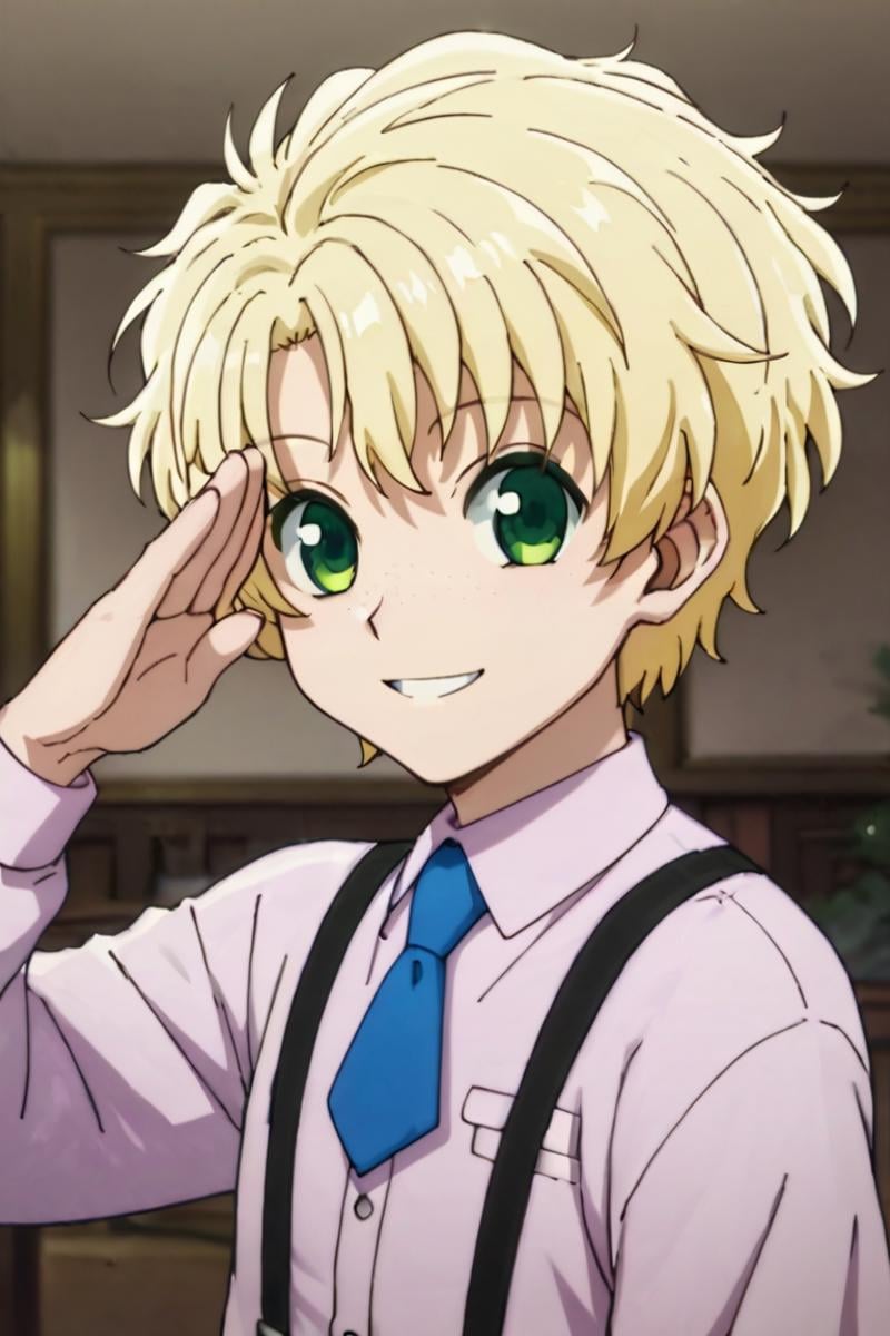 score_9,score_8_up,score_7_up,source_anime,1boy, solo,looking at viewer, list,blonde hair,green eyes,freckles,indoors, suspender,necktie, salute, smile<lora:EMS-398599-EMS:0.800000>