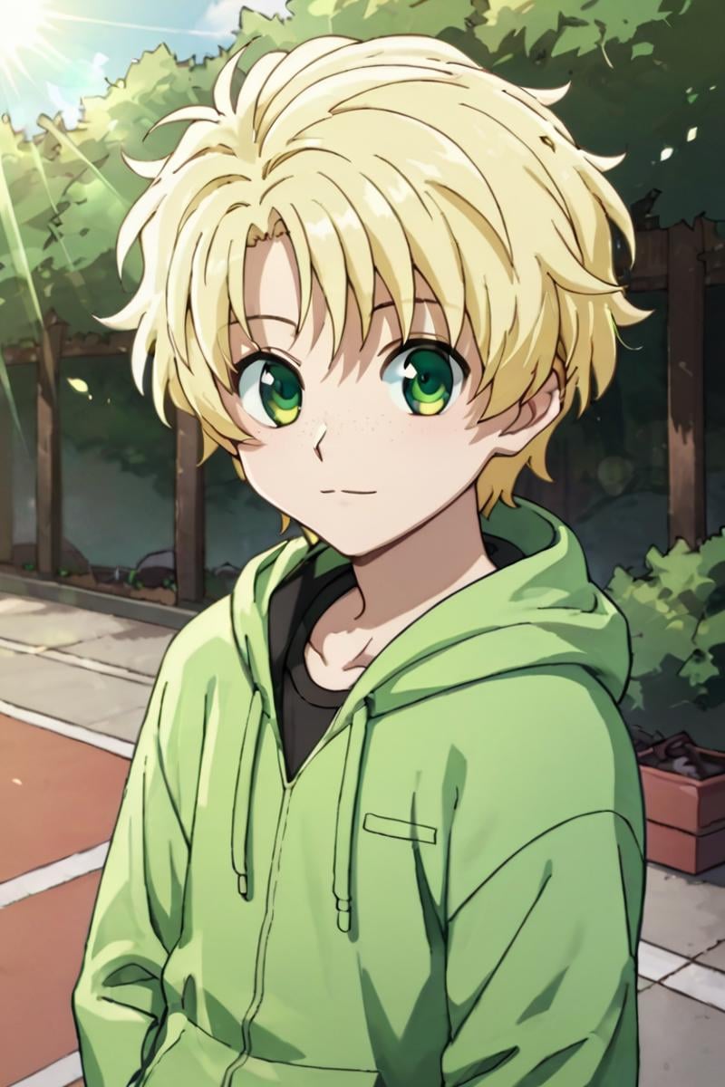 score_9,score_8_up,score_7_up,source_anime,1boy, solo,looking at viewer, list,blonde hair,green eyes,freckles,outdoors, hoodie, v sun,day,light rays<lora:EMS-398599-EMS:0.800000>