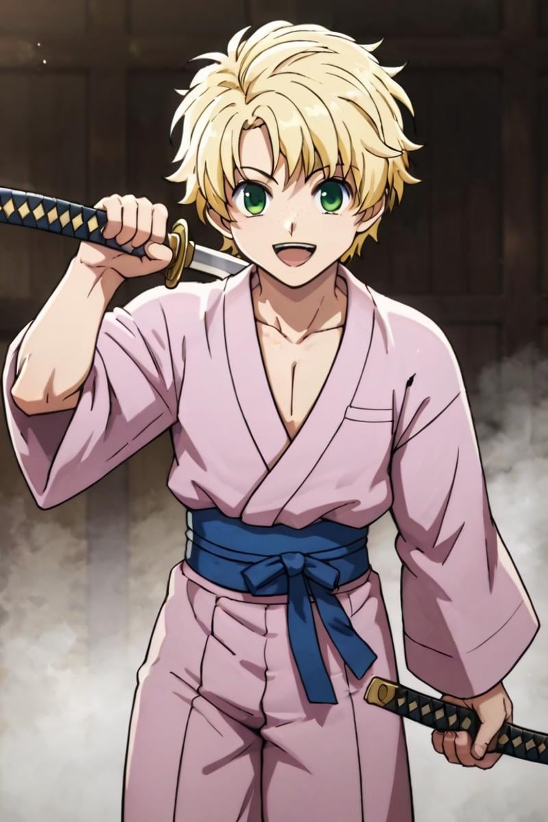 score_9,score_8_up,score_7_up,source_anime,1boy, solo,looking at viewer, list,blonde hair,green eyes,freckles, japanese, japanese clothes, male clothes, yukata, katana, weapon, holding weapon, smile,open mouth, fighting_stance<lora:EMS-398599-EMS:0.800000>