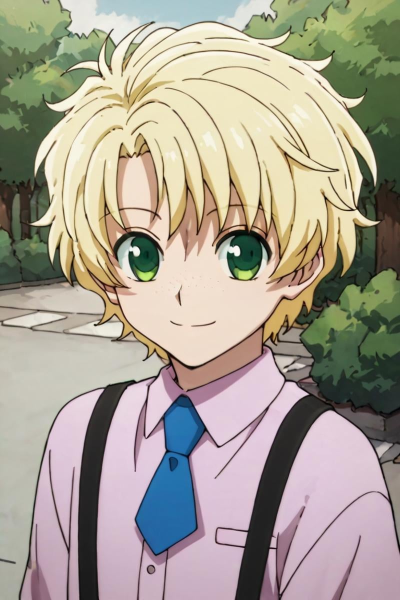 score_9,score_8_up,score_7_up,source_anime,1boy, solo,looking at viewer, list,blonde hair,green eyes,freckles,suspender,necktie,freckles, smile, outdoors, standing<lora:EMS-398599-EMS:0.800000>