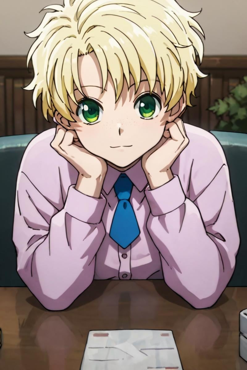 score_9,score_8_up,score_7_up,source_anime,1boy, solo,looking at viewer, list,blonde hair,green eyes,freckles,suspender,necktie, Table and chair, chin_rest<lora:EMS-398599-EMS:0.800000>