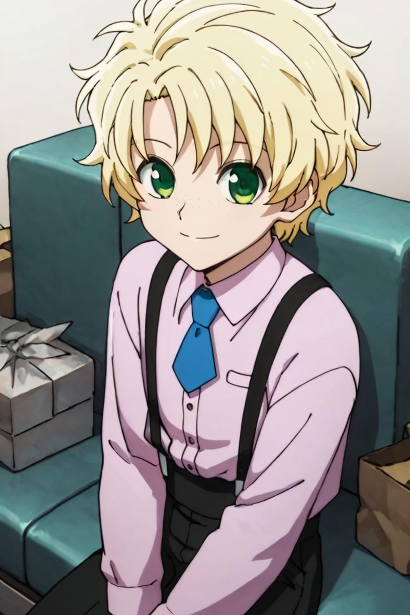 score_9,score_8_up,score_7_up,source_anime,1boy, solo,looking at viewer, list,blonde hair,green eyes,freckles,suspender,necktie,freckles, smile, sitting<lora:EMS-398599-EMS:0.800000>