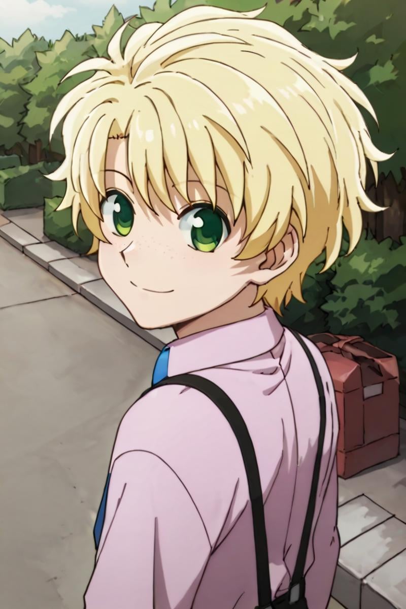 score_9,score_8_up,score_7_up,source_anime,1boy, solo,looking at viewer, list,blonde hair,green eyes,freckles,suspender,necktie,smile, outdoors, standing, looking back<lora:EMS-398599-EMS:0.800000>