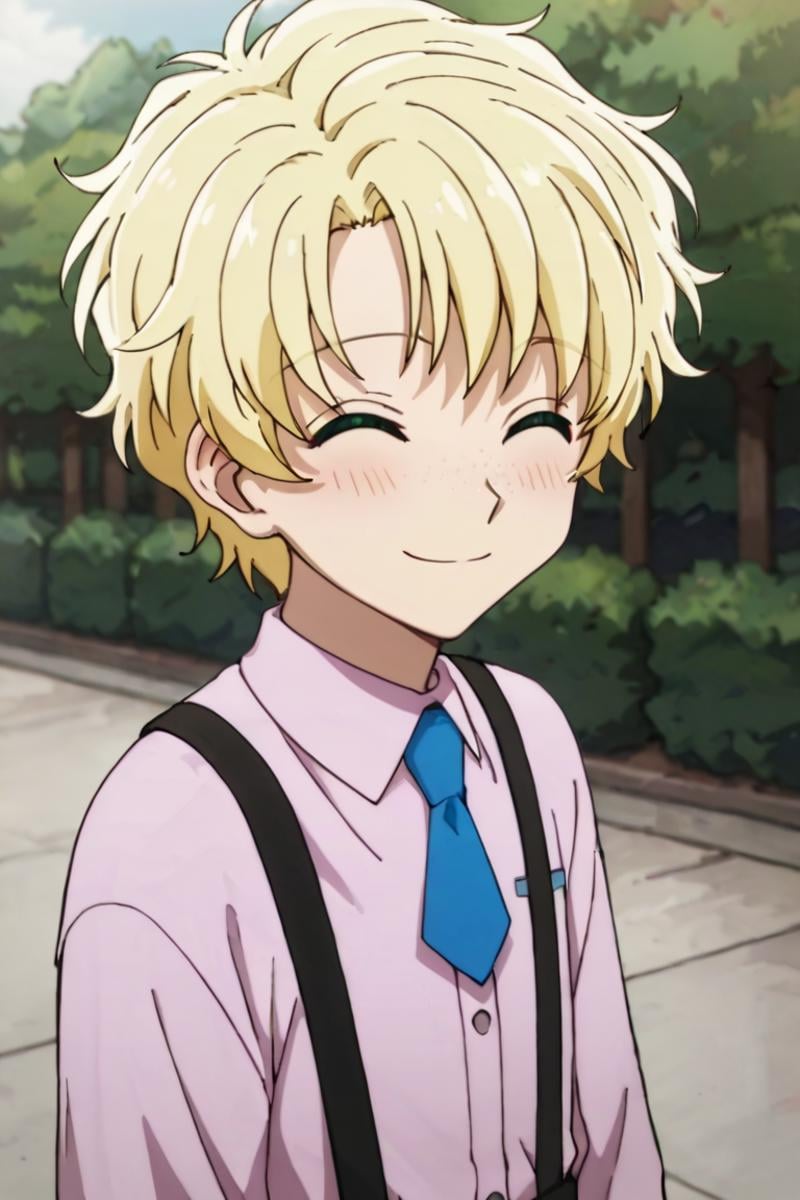 score_9,score_8_up,score_7_up,source_anime,1boy, solo,looking at viewer, list,blonde hair,green eyes,freckles,smile, outdoors, suspender,necktie, closed_eyes, blush<lora:EMS-398599-EMS:0.800000>