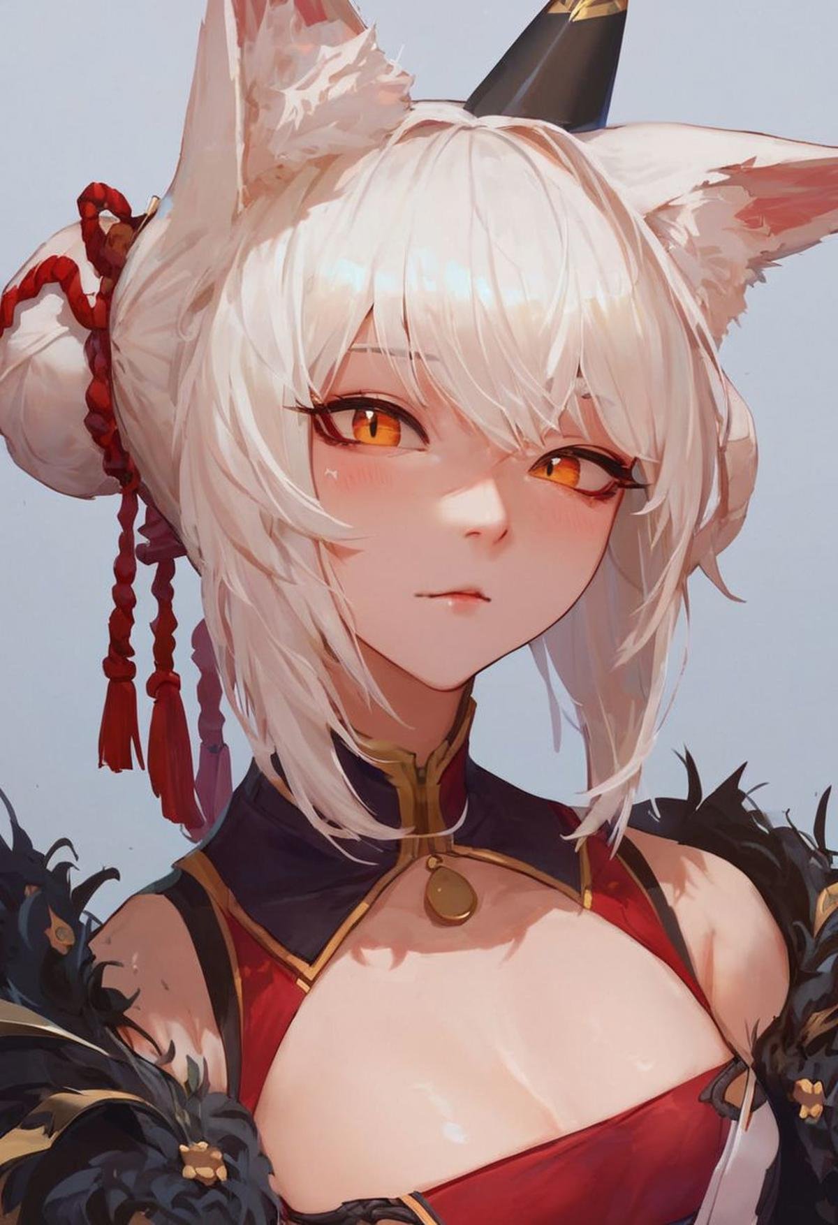 score_9, score_8_up,score_7_up, ultra detailed, absurd res, high res, extremely detailed, good quality, BREAK, 1girl, solo, white hair, bun hair, animal ears, fox ears,