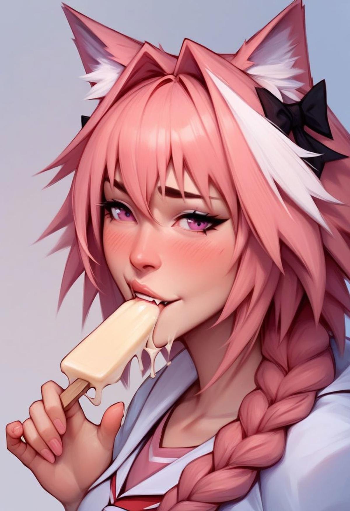score_9, score_8_up,score_7_up, ultra detailed, absurd res, high res, extremely detailed, good quality, BREAK 1boy, blush, biting own lip, popsicle, pink eyes, wolf ears, cum, piercing, astolfo