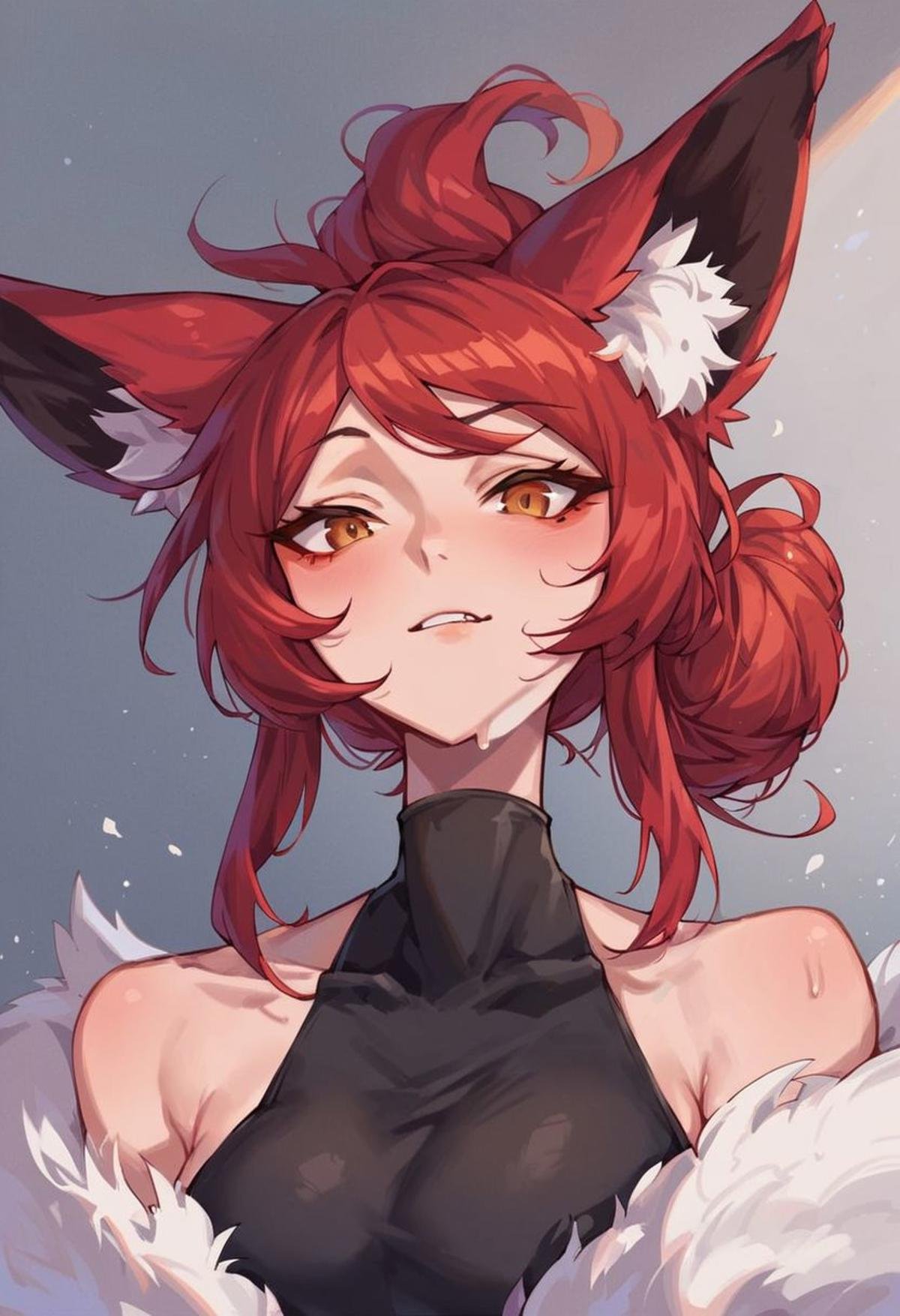 score_9, score_8_up,score_7_up, ultra detailed, absurd res, high res, extremely detailed, good quality, BREAK, 1girl, solo, red hair, bun hair, animal ears, fox ears,