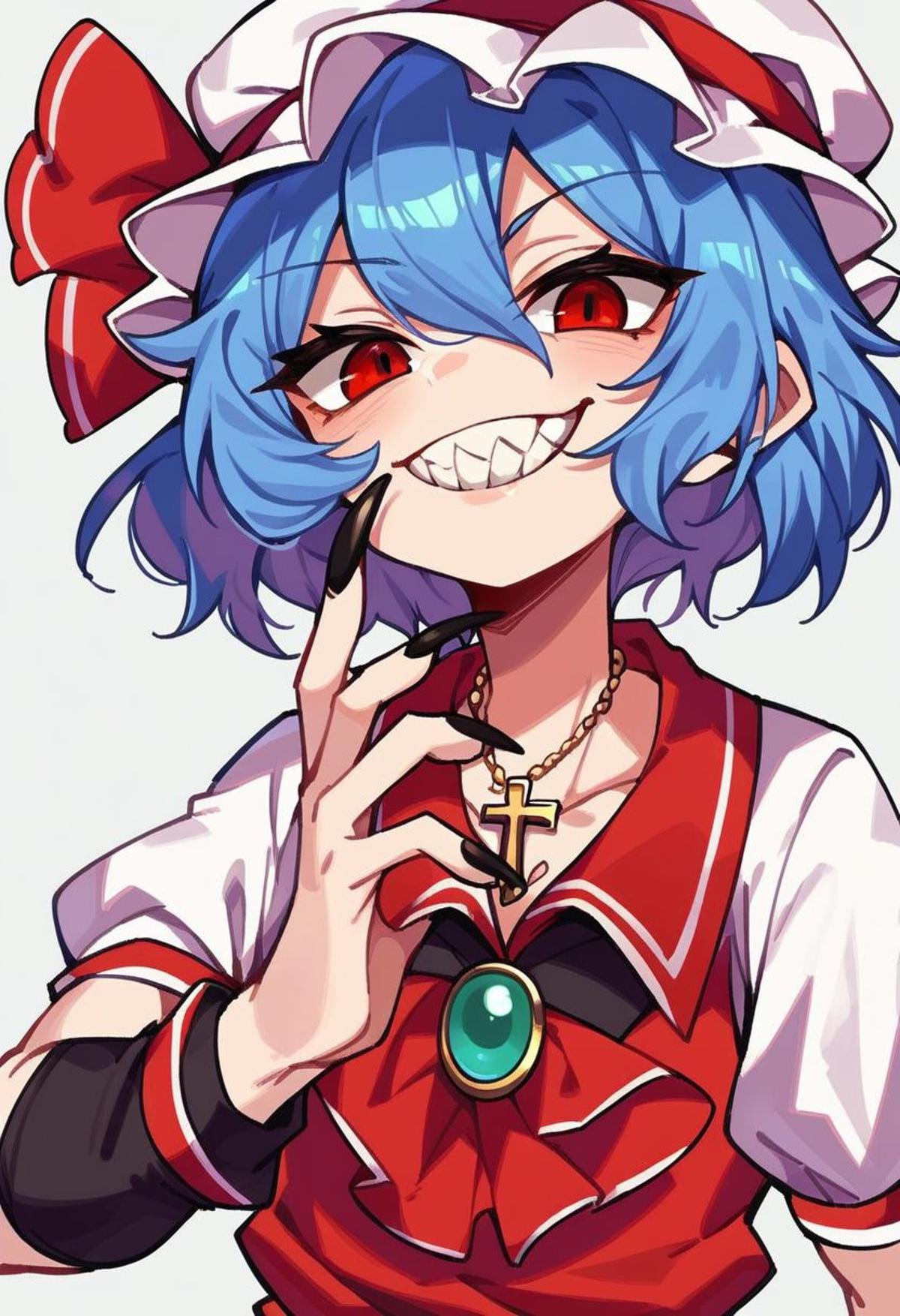 score_9, score_8_up, score_7_up, remilia scarlet, 1girl, arm warmers, black nails, blue hair, brooch, cross, cross necklace, fingernails, grin, hat, jewelry, mob cap, nail polish, necklace, red eyes, sharp fingernails, sharp teeth, short hair, short sleeves, smile, solo, teeth, upper body