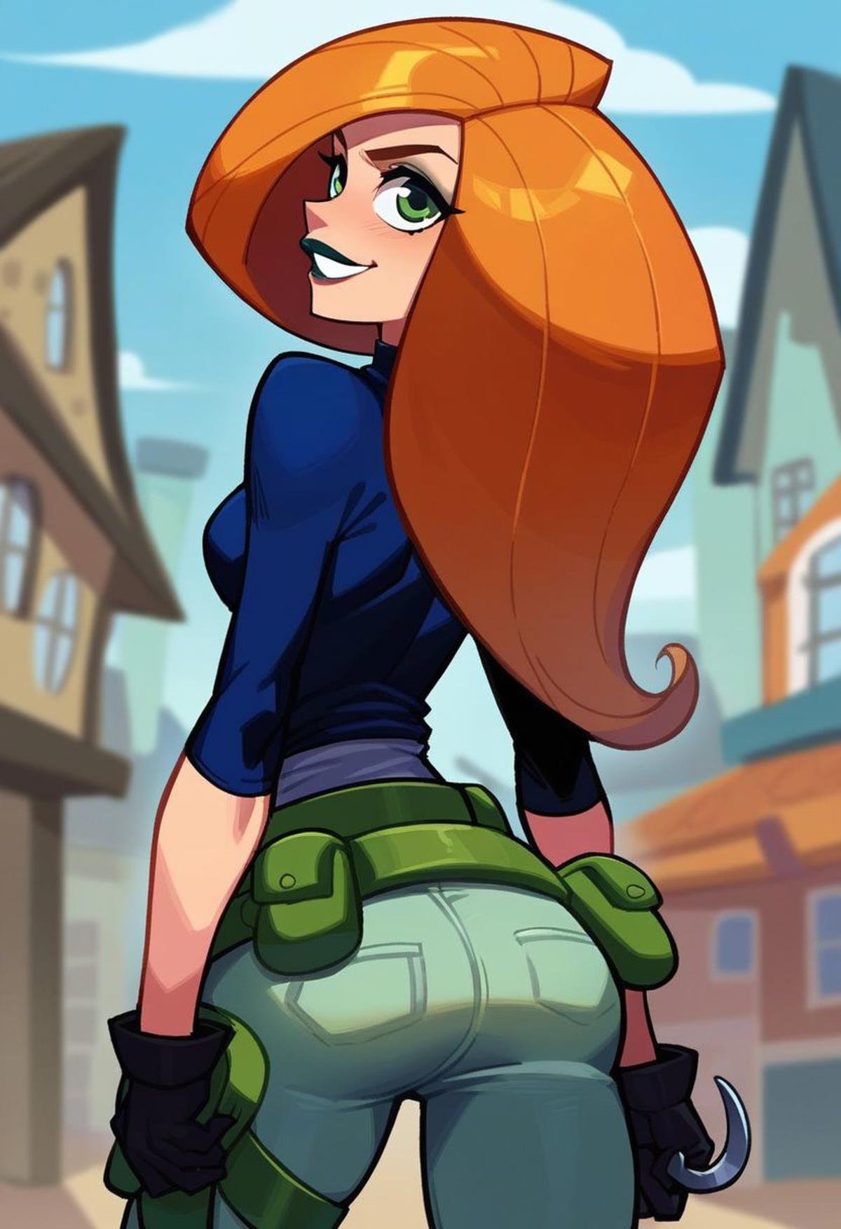 score_9, score_8_up, score_7_up, kim possible, 1girl, artist name, black gloves, blurry, character name, depth of field, fanny pack, from behind, glint, gloves, grappling hook, green eyes, lipstick, long hair, looking at viewer, looking back, makeup, orange hair, raglan sleeves, smile, solo
