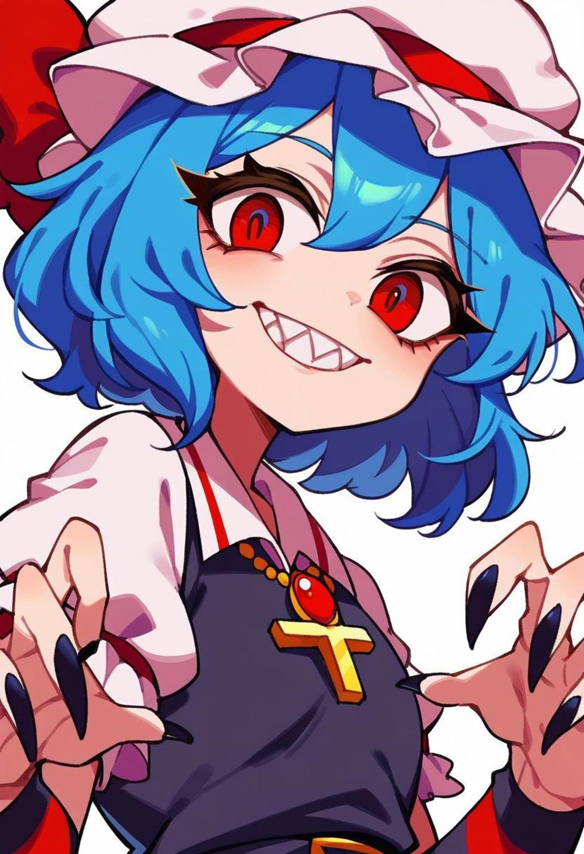 score_9, score_8_up, score_7_up, source_anime, toon (style), remilia scarlet, 1girl, arm warmers, black nails, blue hair, brooch, cross, cross necklace, fingernails, grin, hat, jewelry, mob cap, nail polish, necklace, red eyes, sharp fingernails, sharp teeth, short hair, short sleeves, smile, solo, teeth, upper body