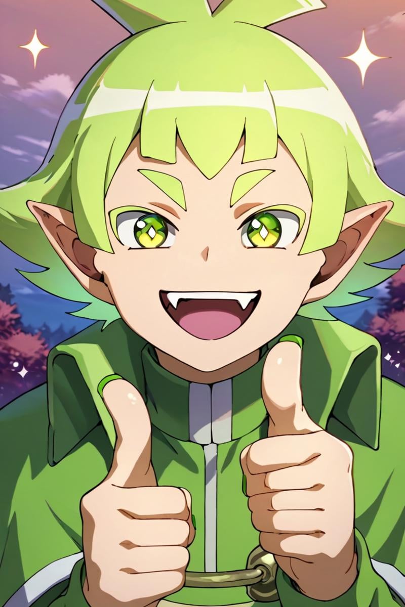 score_9,score_8_up,score_7_up,source_anime,1boy, solo,looking at viewer, bars robin,green hair,green eyes,pointy ears,green nail,1boy,solo,upper body,looking at viewer,capelet, smile, open mouth, fangs,thumbs_up,sparkle, outdoors<lora:EMS-399380-EMS:1.000000>