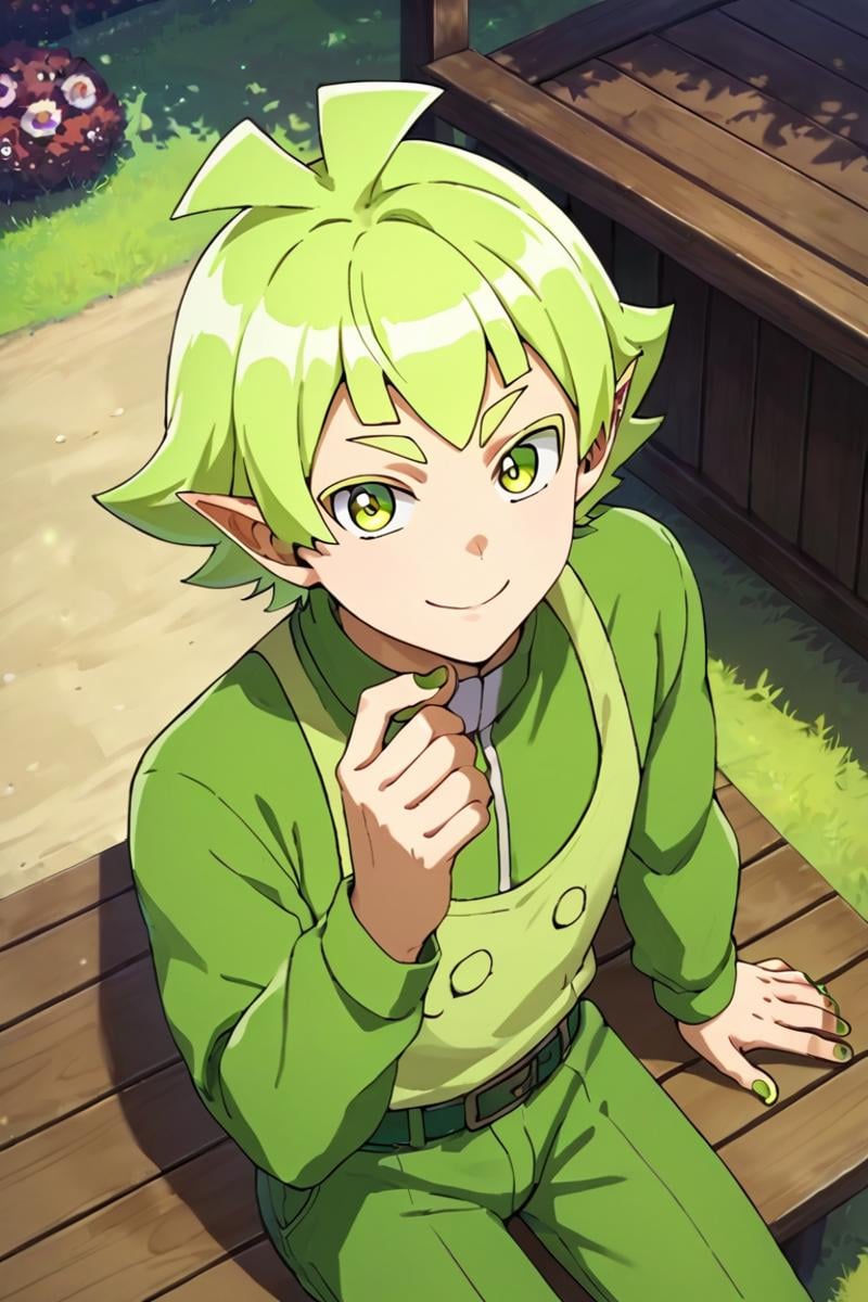 score_9,score_8_up,score_7_up,source_anime,1boy, solo,looking at viewer, bars robin,green hair,green eyes,pointy ears,green nail,outdoors, from above, pants, sitting, smile<lora:EMS-399380-EMS:0.800000>