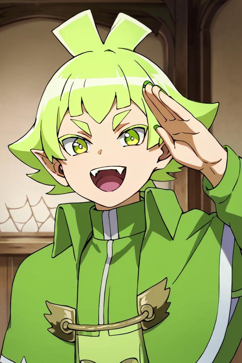 score_9,score_8_up,score_7_up,source_anime,1boy, solo,looking at viewer, bars robin,green hair,green eyes,pointy ears,green nail,capelet, indoors, upper body, open mouth, fangs, salute<lora:EMS-399380-EMS:1.000000>