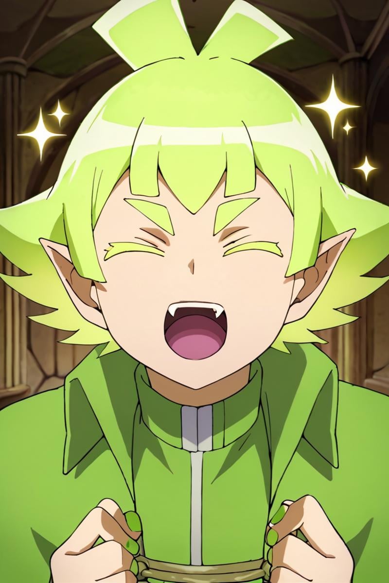 score_9,score_8_up,score_7_up,source_anime,1boy, solo,looking at viewer, bars robin,green hair,green eyes,pointy ears,green nail,capelet, indoors, upper body, open mouth, closed eyes, fangs, sparkle<lora:EMS-399380-EMS:1.000000>