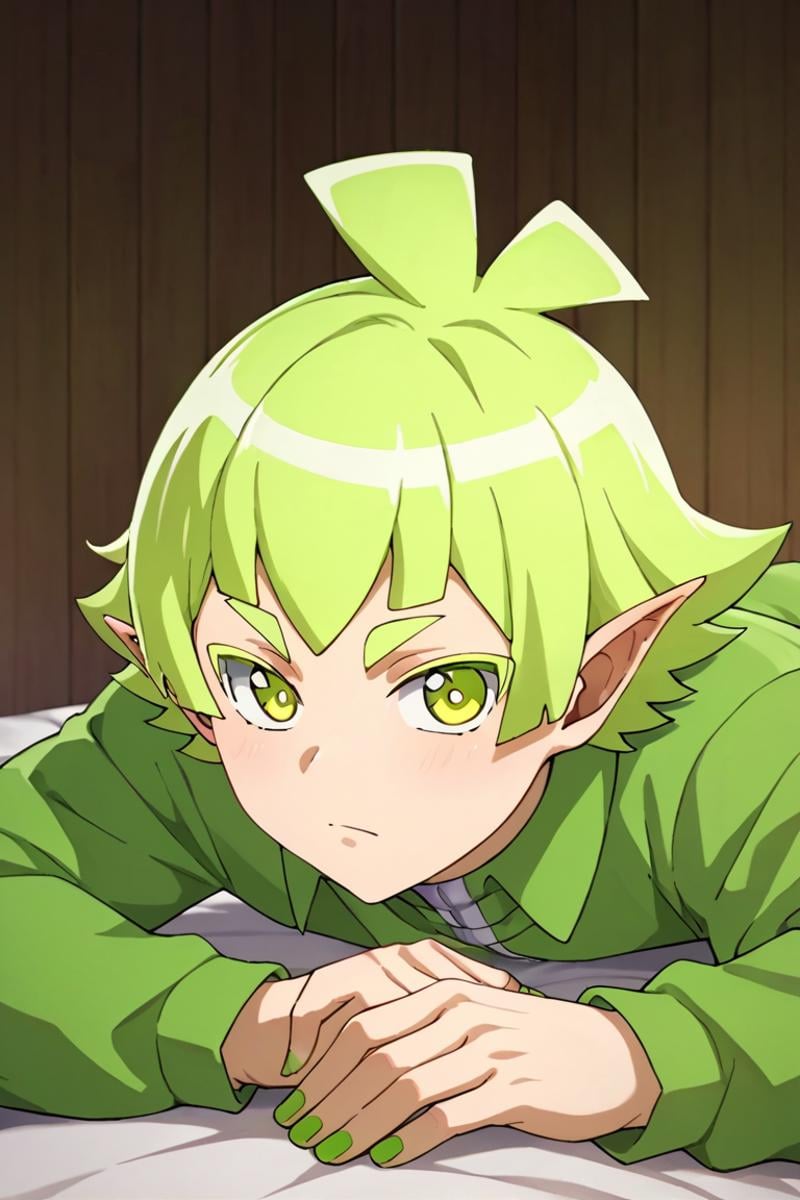 score_9,score_8_up,score_7_up,source_anime,1boy, solo,looking at viewer, bars robin,green hair,green eyes,pointy ears,green nail,indoors, lying<lora:EMS-399380-EMS:1.000000>