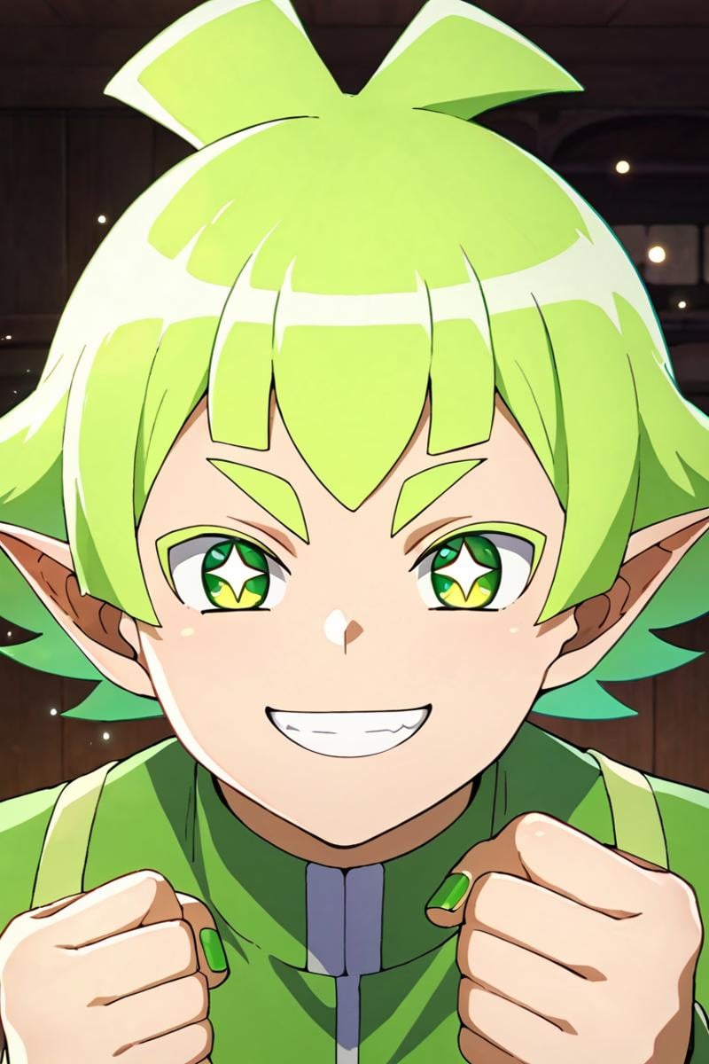 score_9,score_8_up,score_7_up,source_anime,1boy, solo,looking at viewer, bars robin,green hair,green eyes,pointy ears,green nail, starry eyes, smile, clenched_fist<lora:EMS-399380-EMS:0.800000>