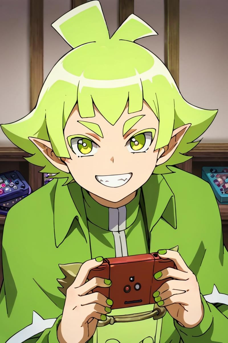 score_9,score_8_up,score_7_up,source_anime,1boy, solo,looking at viewer, bars robin,green hair,green eyes,pointy ears,green nail,capelet, indoors, upper body,handheld game console, playing game, grin<lora:EMS-399380-EMS:1.000000>