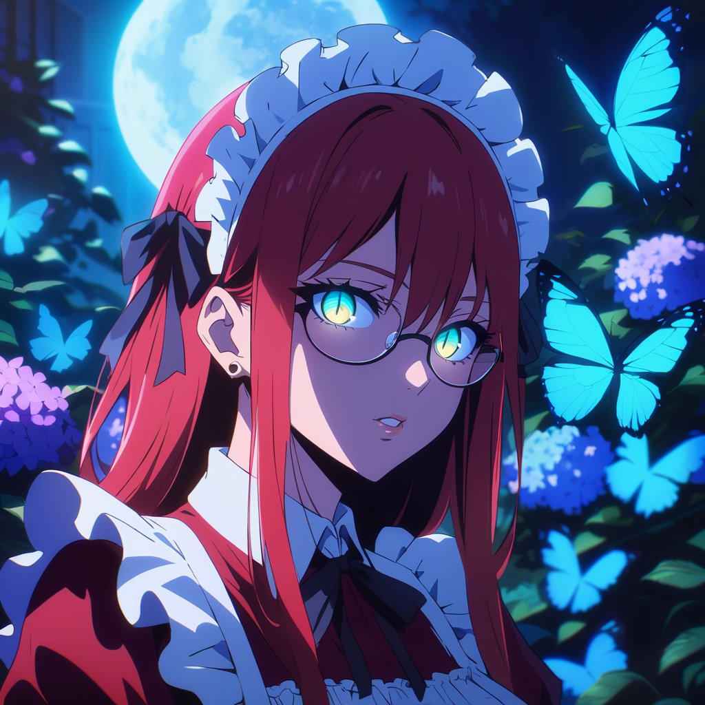 anime, anime style, niji6 style, by nijijourney, 1girl, bug, solo, butterfly, maid, blue butterfly, maid headdress, red hair, jewelry, earrings, glasses, looking at viewer, yellow eyes, slit pupils ,parted lips, long hair, flower, ribbon, apron, black ribbon, glowing, upper body, breasts, blurry, maid apron, red dress, dress, stud earrings, frills, sidelocks, hair between eyes, glowing eyes, blue theme, blue flower, hair ribbon, neck ribbon, bow, night, blurry background, portrait, eyelashes, hair bow, outdoors, black bow, letterboxed, teeth, hydrangea, medium breasts, large breasts, depth of field, aqua eyes, puffy sleeves, collared dress, glowing butterfly, moon light, colored skin, lips, shaded, light particle, blue theme, night, masterpiece, best quality, highres, 4k, 8k, intricate detail, cinematic lighting, amazing quality, amazing shading, Detailed Illustration, anime style, wallpaper, animification, anime coloring, fake screenshot, screencap, anime screencap