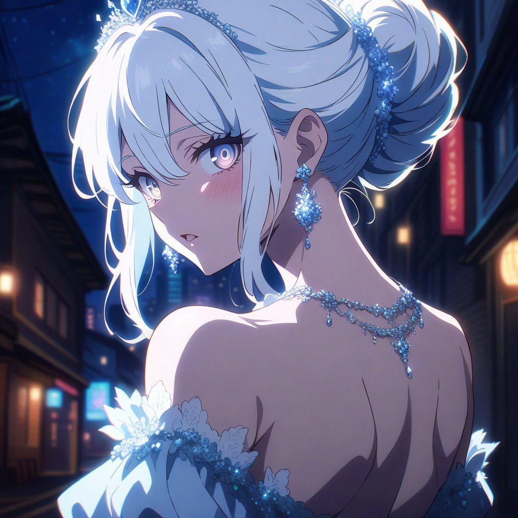 anime, anime style, niji6 style, by nijijourney, anime, anime style, niji6 style, by nijijourney, 1girl, solo, jewelry, looking at viewer, earrings, dress, looking back, tiara, blurry background, bare shoulders, upper body, night, blurry, necklace, parted lips, blonde hair, outdoors, from behind, sidelocks, hime cut, back, backless outfit, grey eyes, off shoulder, city, hair up, building, backless dress, blush, bare back, messy hair, city lights, depth of field, hair between eyes, off-shoulder dress, white dress, short hair, updo, open mouth, long hair, night sky, shoulder blades, photo background, flower earrings, brown eyes, cityscape, animification, anime coloring, fake screenshot, screencap, anime screencap, shaded, blue theme, night, detailed eyes, ambient light, thick eyelashes, diamond, dark night, dark deep, masterpiece, best quality, highres, 4k, 8k, intricate detail, cinematic lighting, amazing quality, amazing shading, film grain, blurry foreground, vignetting chiaroscuro, chromatic aberration, backlighting, global illumination, drop shadow, detailed illustration, anime style, wallpaper, animification, anime coloring, fake screenshot, screencap, anime screencap