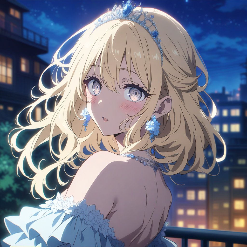 anime, anime style, niji6 style, by nijijourney, anime, anime style, niji6 style, by nijijourney, 1girl, solo, jewelry, looking at viewer, earrings, dress, looking back, tiara, blurry background, bare shoulders, upper body, night, blurry, necklace, parted lips, blonde hair, outdoors, from behind, sidelocks, hime cut, back, backless outfit, grey eyes, off shoulder, city, hair up, building, backless dress, blush, bare back, messy hair, city lights, depth of field, hair between eyes, off-shoulder dress, white dress, short hair, updo, open mouth, long hair, night sky, shoulder blades, photo background, flower earrings, brown eyes, cityscape, animification, anime coloring, fake screenshot, screencap, anime screencap, shaded, blue theme, night, detailed eyes, thick eyelashes, diamond, dark night, masterpiece, best quality, highres, 4k, 8k, intricate detail, cinematic lighting, amazing quality, amazing shading, film grain, blurry foreground, vignetting chiaroscuro, chromatic aberration, backlighting, global illumination, drop shadow, detailed illustration, anime style, wallpaper, animification, anime coloring, fake screenshot, screencap, anime screencap