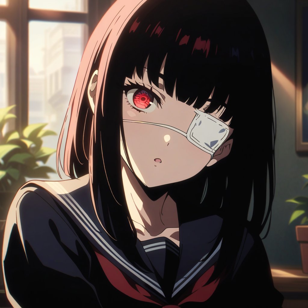 anime, anime style, niji6 style, by nijijourney, anime, anime style, niji6 style, by nijijourney, warm, afternoon, anime, anime style, niji6 style, by nijijourney, 1girl, medium hair, bob cut, solo, medical eyepatch, school uniform, red eyes, black hair, looking at viewer, serafuku, indoors, bow, upper body, sailor collar, red bow, blunt bangs, black shirt, black serafuku, ;o, shirt, One Eye Closed, blurry, bowtie, window, red bowtie, blurry background, long sleeves, collarbone, frown, potted plant, very long hair, hime cut, depth of field, sidelocks, expressionless, plant, sunlight, head tilt, straight hair, animification, anime coloring, fake screenshot, screencap, anime screencap, twilight, detailed eyes, ambient light, thick eyelashes, diamond, dark night, dark deep, masterpiece, best quality, highres, 4k, 8k, intricate detail, cinematic lighting, amazing quality, amazing shading, film grain, blurry foreground, vignetting chiaroscuro, chromatic aberration, backlighting, global illumination, drop shadow, detailed illustration, anime style, wallpaper, animification, anime coloring, fake screenshot, screencap, anime screencap